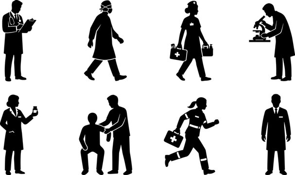 Medical professionals and healthcare workers silhouettes set isolated on a white background for healthcare concepts