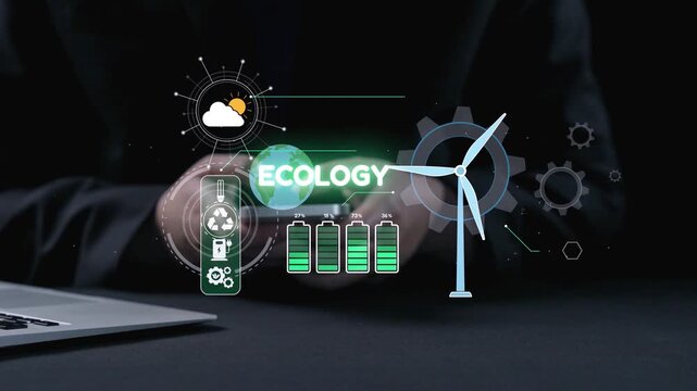 This image showcases hands interacting with eco-themed graphics, emphasizing renewable energy and sustainable practices in a digital format against a dark background. Qubit