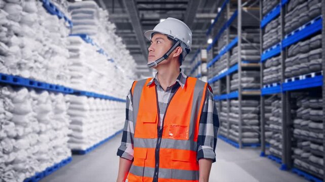 Asian Male Engineer With Safety Helmet Looking Around While Standing at Warehouse Storage with Stacked White Sacks