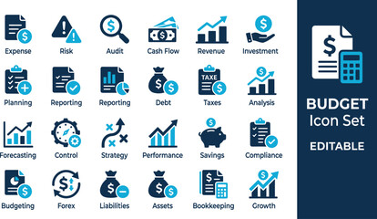 Fototapeta premium Budget icon set displays various financial symbols including expense tracking, risk management, and profit growth analysis graphics.