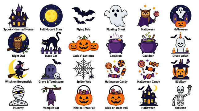 Halloween icons depict various spooky and festive elements on a white background