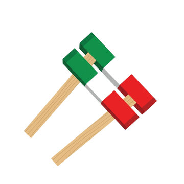 A traditional wooden matraca noisemaker used by fans, rendered in solid green, white, and red color blocks. Sharp geometric lines, top-down perspective, vibrant festive mood. Minimalist flat