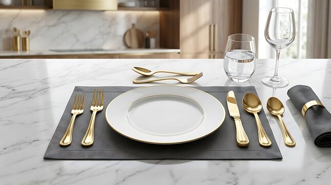 Empty plate with silverware and napkin set on a modern table in a kitchen. gold rimmed cutlery