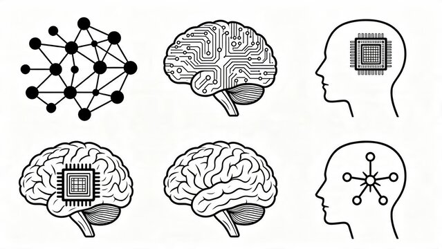 Set of artificial intelligence and brain icons, neural network and microchip concepts, human mind and cognitive computing illustration