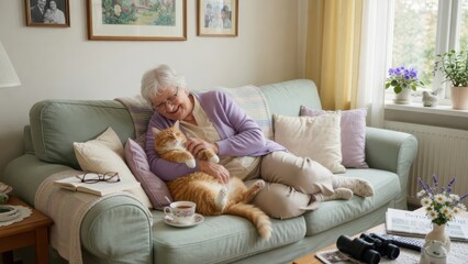 Obraz na płótnie Canvas An elderly grandmother finds immense joy and comfort while she gently pets her fluffy ginger tabby feline companion inside a cozy living room lounge during a peaceful and sunny afternoon at home