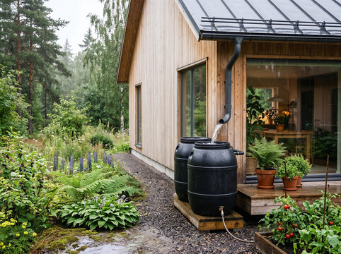 Rainwater harvesting system beside a contemporary wooden home surrounded by lush greenery, illustrating sustainable water management, eco-conscious design and resilient living