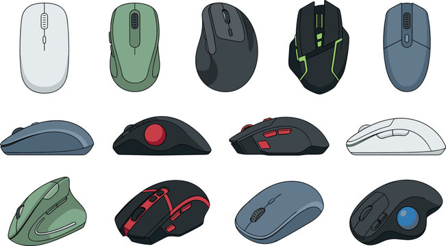Computer Mouse Icon Set with Ergonomic Trackballs and Wireless Gaming Mice for Office Desktop and Tech Workplace Vector Illustration