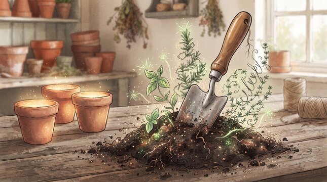Trowel transplanting herbs into pots in studio  