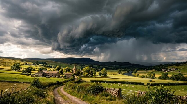 A dramatic storm cloud looms over a rural landscape with a church spire, green fields, and a dirt road leading to a small village in the distance.