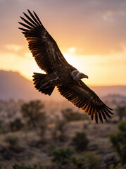 Fototapeta premium A magnificent Indian Vulture (Gyps indicus) soars gracefully above the rugged landscape during a breathtaking golden sunset.