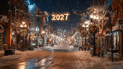 Fototapeta premium Snowy street decorated for the year 2027