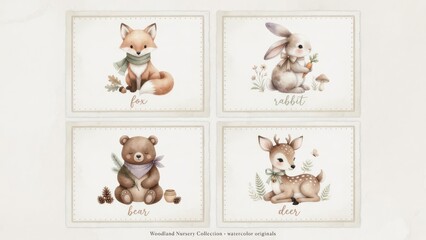 Fototapeta premium Four watercolor paintings featuring a baby fox rabbit bear and deer for children nursery decor that depicts cute forest creatures painted in soft natural tones for a themed room for young childre
