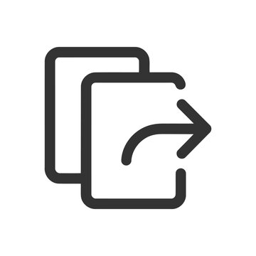 File forwarding sharing arrow overlapping document pages, linear icon. Data export outbound transmission distribution link layout