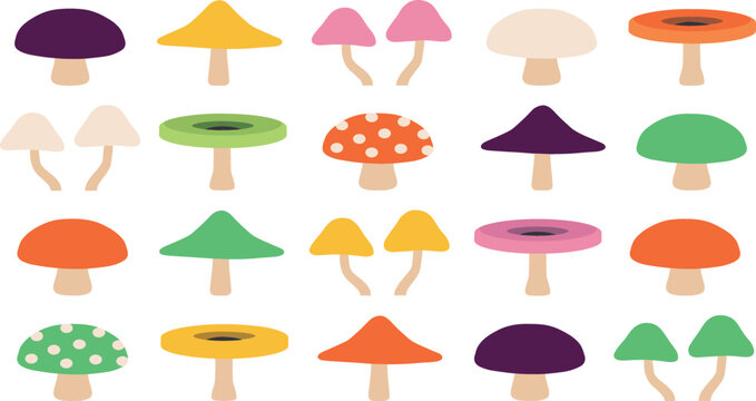 Colorful Mushroom Vector Icon Set Featuring Various Cute Fungi Varieties Like Amanita Toadstools and Flat Caps for Nature and Autumn Designs,