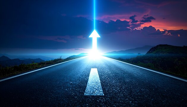 Dark road stretches ahead, glowing with a brilliant arrow. Sky blushes with twilight