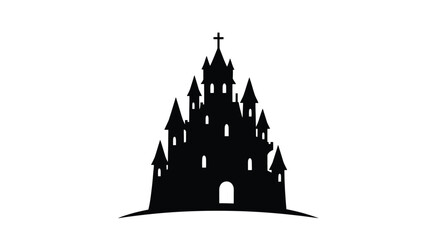 Silhouette of a gothic style castle with multiple towers and cross. © Yuma