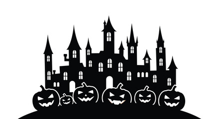 Spooky haunted castle silhouette with carved pumpkins illustration. © Yuma