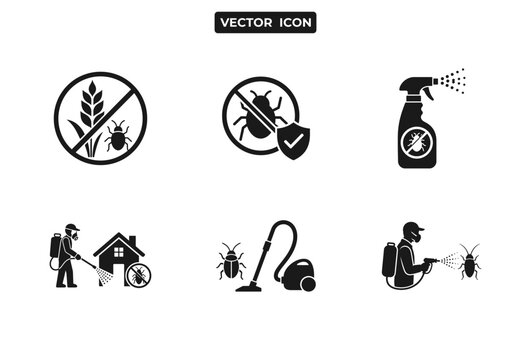 Pest control service icons set featuring exterminator spraying chemicals and insect prevention symbols.