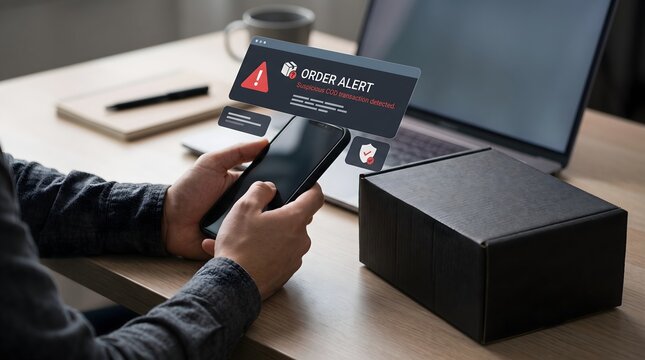 Person holding phone with suspicious order alert on screen near delivery box