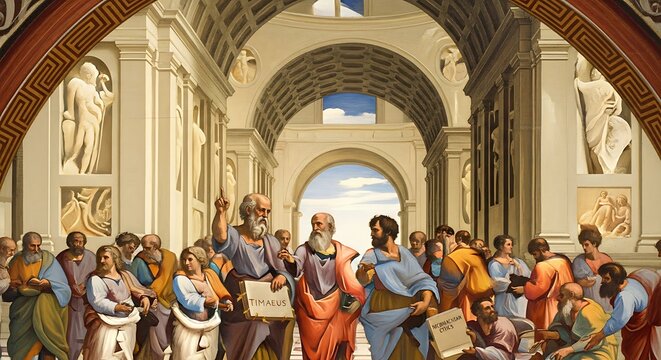 Ancient Greek philosophers debating in a classical academy building