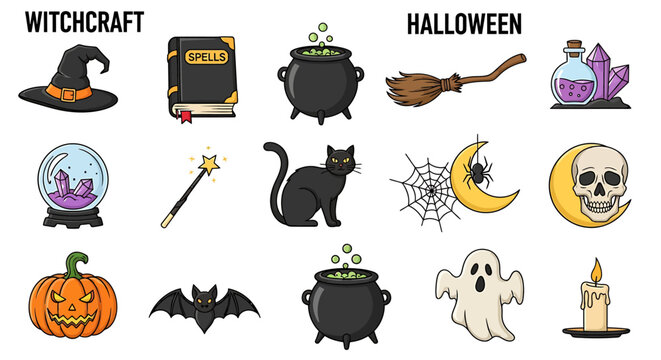 Halloween themed icons depict witchcraft symbols and spooky objects.