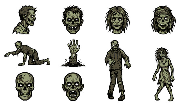 Zombie apocalypse scene with undead creatures and severed body parts outdoors