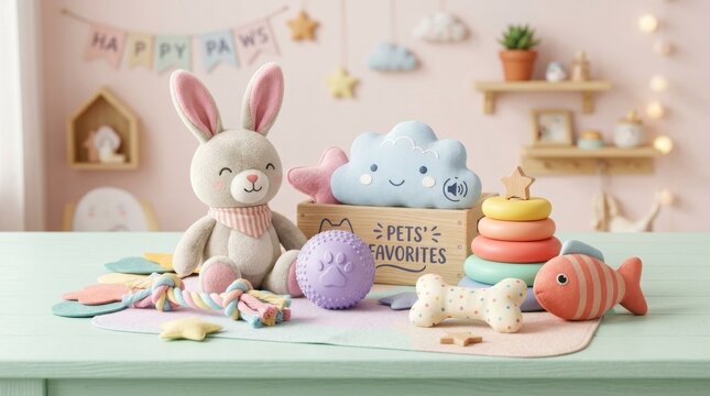 A colorful, stuffed bunny toy with a box of toys on a table, surrounded by various soft toys and a toy fish, against a pink and white background with a wooden shelf and a hanging banner.