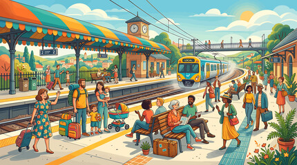 Busy railway station platform with passengers waiting for an arriving modern train illustration. © Saka