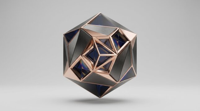 A geometric, metallic, and reflective icosahedron with a metallic sheen and blue inner sections, set against a neutral background.