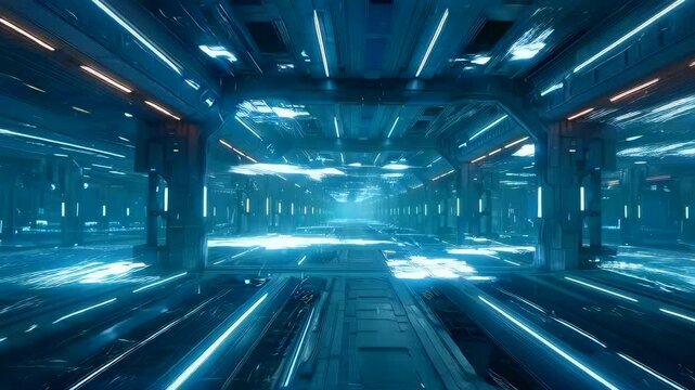 Bright corridor with swift moving lights, Reflection and motion define modern transportation environment, Sleek futuristic hall filled with glowing streaks and dynamic speedy movement