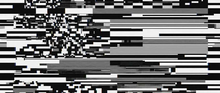 Abstract digital noise glitch screen pattern featuring black and white horizontal stripes, pixelated distortion, and static signal interference artifacts, perfect as a cyberpunk background