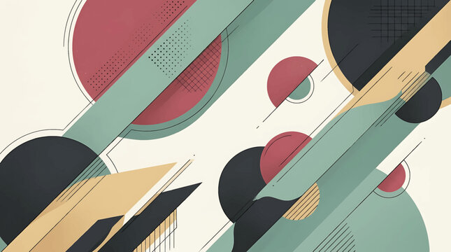 Abstract geometric composition with diagonal lines and colorful circles in retro style.