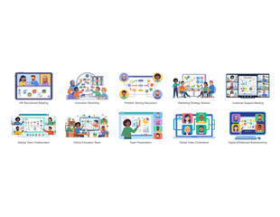 Fototapeta premium Online Business Meeting and Remote Team Collaboration Flat SVG Illustration Pack for Video Conference, Brainstorming, Workshop, Marketing, HR Recruitment, Customer Support and Digital Workplace