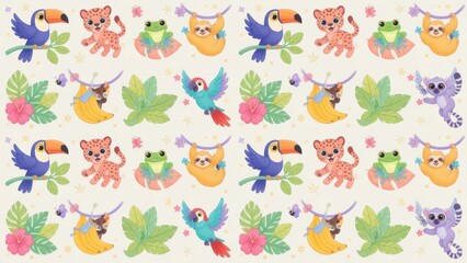 Fototapeta premium A colorful recurring tapestry features friendly tropical forest creatures like toucans jaguars and sloths hiding among lush green foliage and vibrant exotic flowers to create a joyful jungle expe