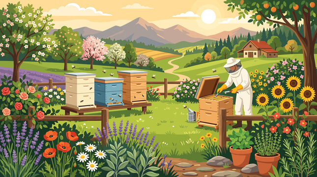 Beekeeper in protective suit working with beehives in a beautiful blooming garden landscape with mountains.