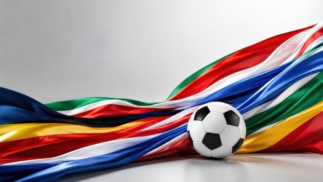 International Football Championship Background with Flowing World Flags and Soccer Ball on Modern Copy Space Banner