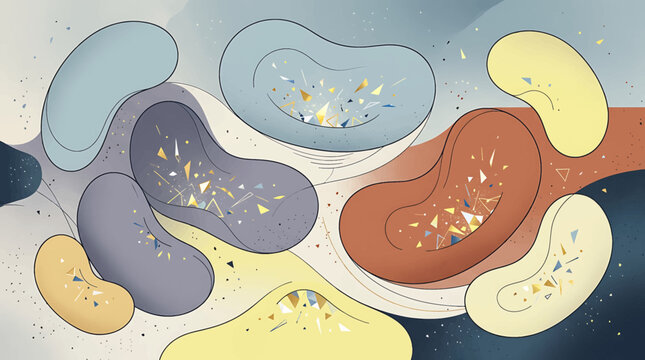 Abstract illustration of microscopic biological cells and organic kidney shapes in a stylized artistic composition.