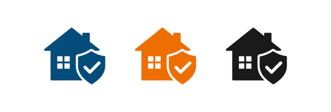 Home security and house insurance icons with shield and check mark symbols in three colors.