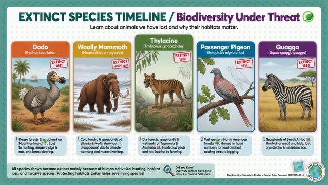 Educational poster presenting an extinct species timeline featuring dodo woolly mammoth thylacine passenger pigeon and quagga information regarding habitat loss and historical human activity impa