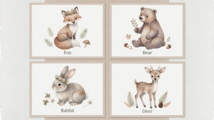 Fototapeta premium Watercolor drawings of a woodland fox and a fluffy bear alongside a cute rabbit plus a small deer featuring flowers and forest plants for educational projects or nursery wall art decorations sets