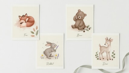 Fototapeta premium Four charming watercolor style portraits featuring a resting fox a playful brown bear a small hopping rabbit and a graceful deer printed on card stock to decorate a baby room interior nursery are