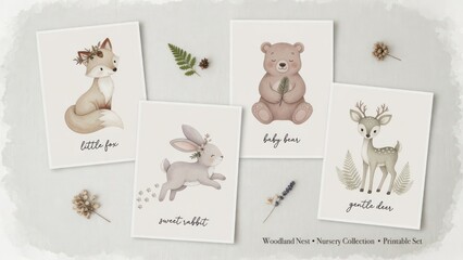 Fototapeta premium Four charming nursery wall art cards showing a cute baby fox bear rabbit and deer with forest foliage elements designed for children room decorations and whimsical animal themed birthday party de