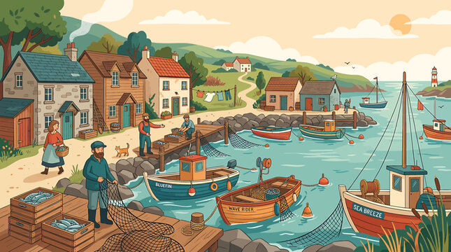 Charming coastal fishing village illustration with colorful boats and traditional stone houses in a harbor.