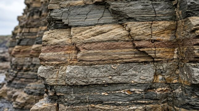 A close-up of a rock formation with layers of different colored rocks, showing the natural texture and patterns of the sedimentary rock.