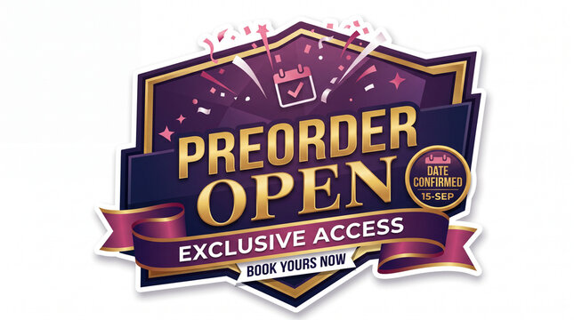 Purple preorder open exclusive access badge with gold text and ribbon