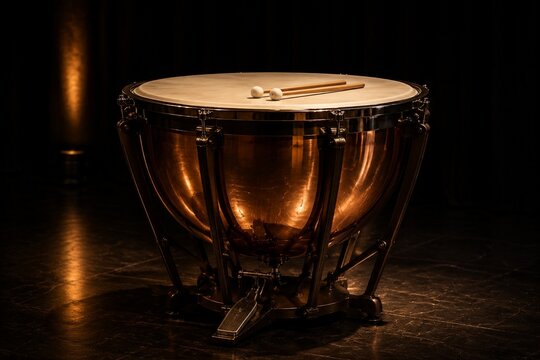 Polished copper timpani drum on dark stage with warm spotlight reflection.