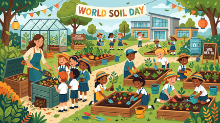 Naklejka premium Children and teacher celebrating World Soil Day in a vibrant community garden with compost and plants.