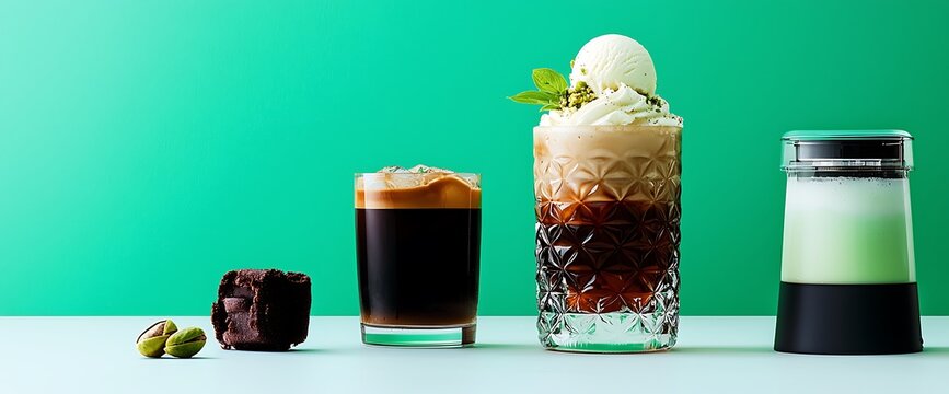 Iced coffee drinks and pistachio brownie