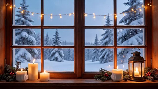 Candles by window with snowy trees