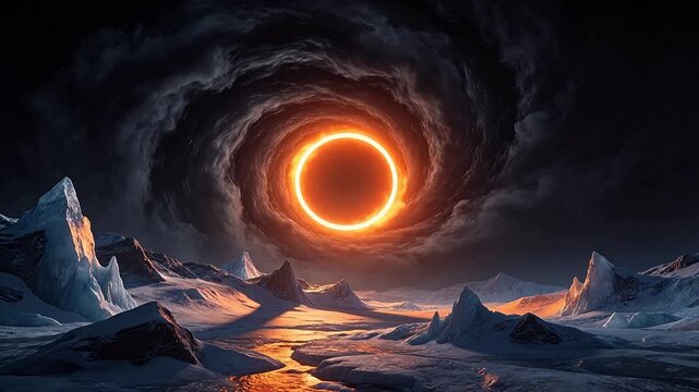 Frozen landscape with glowing ring in sky